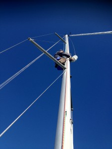 Climbing the mast for repairs the morning after the Channel crossing