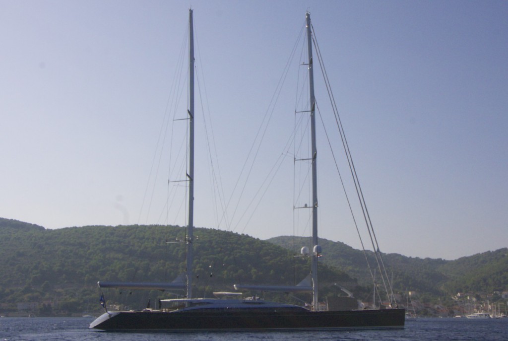 Superyacht Vertigo on approach to Vis as we depart